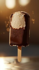 Chocolate-covered ice cream bar in warm sunset light