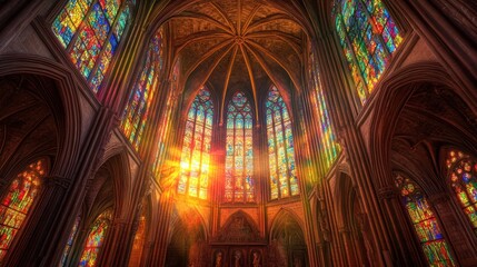 Obraz premium Sunlit stained glass windows in a cathedral.