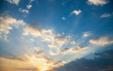 Golden sky sunrise dramatic beautiful landscape view. Dawn sky gold dusk time cloudscape with sunlight. Dramatic sunset scenic landscape. Beautiful landscape sunshine nature