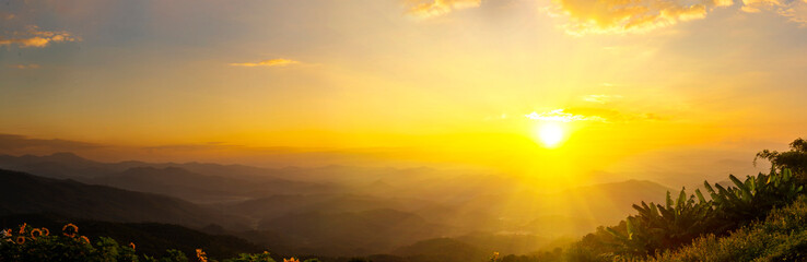 Banner Scenic view dramatic beautiful sunset sky. Panorama Natural Sunset Sunrise on meadow silhouette shadow dark land. Vibrant dramatic sky in Countryside. Landscape Sky At Sunset with copy space