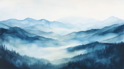 Blue watercolor painting of misty mountains.