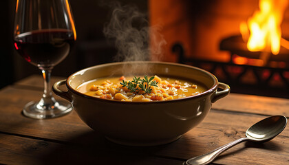 Bowl of soup served with wine by the fireplace