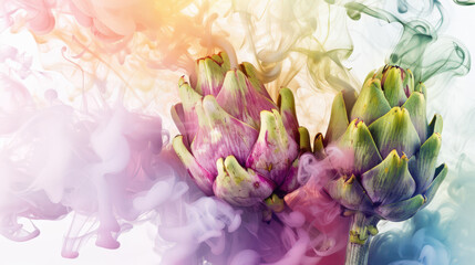 Two green-purple artichokes are surrounded by multicolored watercolor swirling smoke. Artichoke is a healthy vegetable. A vegan diet. A natural organic product