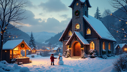 Cozy winter scene with people walking toward a snowy church