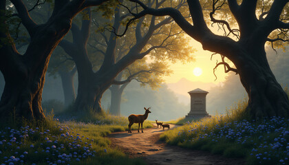 Deer standing in a sunlit forest with large oak trees