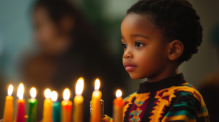 A young child observes Kwanzaa candles during a festive celebration at home