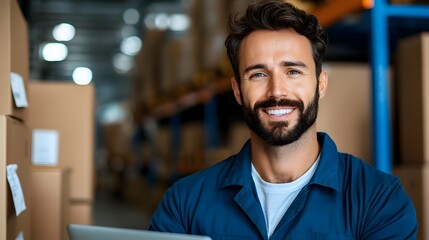 Confident male engineer wearing a blue jumpsuit standing in a spacious modern warehouse and holding a laptop surrounded by industrial equipment and machinery