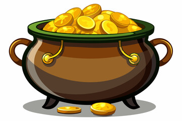 Cauldron with coins icon isolated