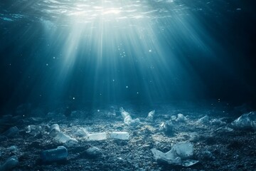 Obraz premium A ray of light shines down into the deep blue ocean, illuminating a seabed littered with plastic waste.