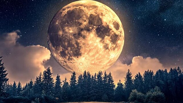 Capture a breathtaking real photograph of a full moon glowing brilliantly in a starry night sky, its surface illuminated to reveal intricate craters and textures, creating a mesmerizing focal point 