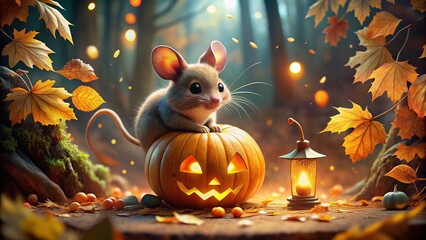 Adorable Mouse Carving Pumpkin in a Cozy Autumn Forest - Lofi Aesthetic Anime Style