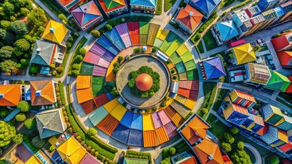 Aerial Abstract Geometric Composition with Vibrant Colors and Circular Elements for Stock Photography