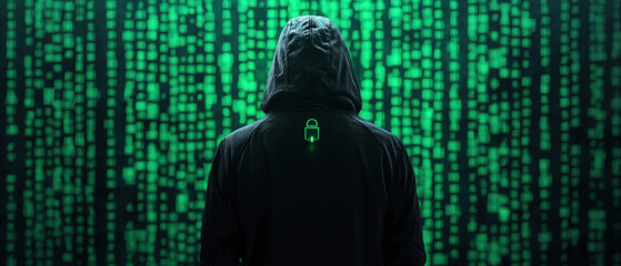 A mysterious figure in a hooded cloak stands before a backdrop of cascading green binary code, evoking themes of hacking and cyber mystique.