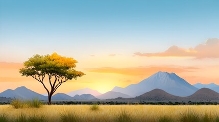 Fototapeta premium Vibrant Split Complementary Color Scheme Sunset Landscape of Savannah African Themed Flat Design Animation Minimalist Digital Artwork with Geometric Nature Scenery at Dusk