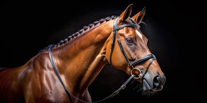 Macro photo of Holsteiner horse wearing bridle against black background in studio