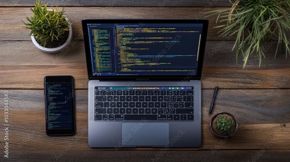 Poster coding workspace with laptop and smartphone on table