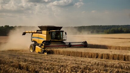 Fototapeta premium Powerful Combine Harvester Working in a Golden Wheat Field