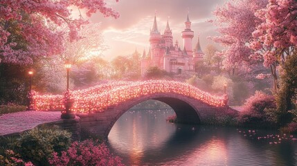 Blossoming bridge made of radiant flowers, guiding the way to a whimsical pink castle on a sparkling riverbank under a soft twilight sky