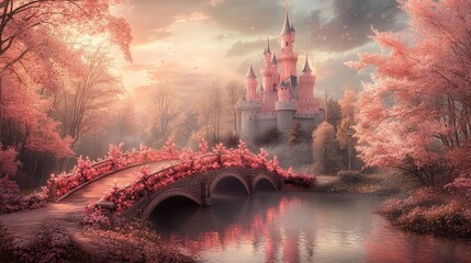 Fototapeta premium Blossoming bridge made of radiant flowers, guiding the way to a whimsical pink castle on a sparkling riverbank under a soft twilight sky