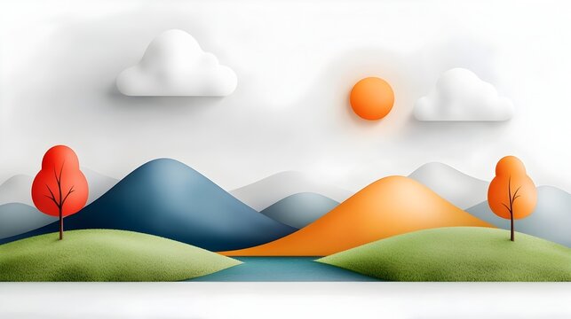 Picturesque rolling hills set against a tranquil countryside landscape with a split complementary color scheme of blue orange and green  This digital has a minimalist