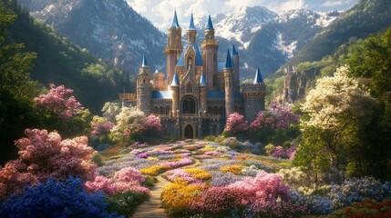 A grand fairytale castle surrounded by a maze of blooming flowers, where each path leads to a different dream