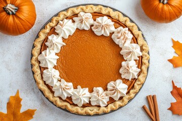 Fototapeta premium Top View Of A Quick Homemade Pumpkin Pie, A Classic Fall Treat For ThanksGiving, With Sweet Flavors And Cinnamon—Great For Celebrations.