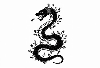 Fototapeta premium Tribal Tattoo Aesthetic: Detailed Black and White Illustration of a Coiled Snake with Ornate Patterns and Curving Body on a White Background