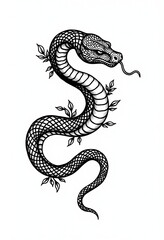 Fototapeta premium Ornate Black Snake Design: High Contrast Ink Drawing of a Coiled Serpent with Detailed Patterns and Tribal Tattoo Aesthetic