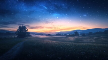 Fototapeta premium Starry night with a misty valley and a lone tree.