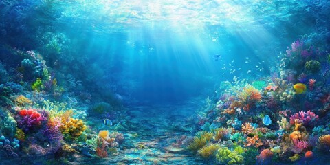 Colorful coral reef with fish and sunlight.