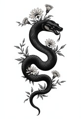 Obraz premium Serpent's Elegance: A Coiled Black and White Snake Illustration with Intricate Scales and Floral Elements for Graphic Art Lovers 