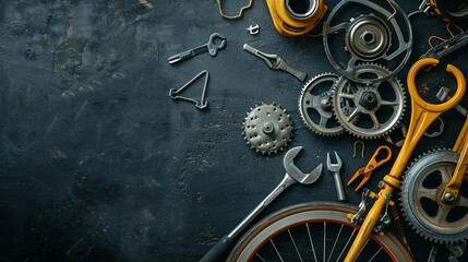 Naklejka premium Cycling Essentials Flat Lay: Bicycle Components and Tools on Black Surface