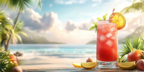 Tropical drink on beach table with fruit.