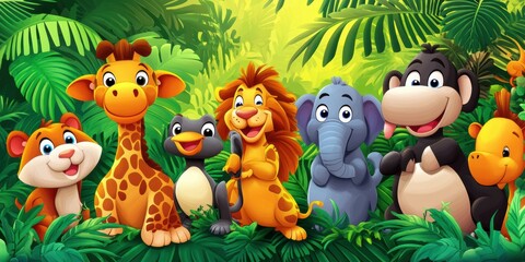 Fototapeta premium Seven jungle animals smiling in the foliage.