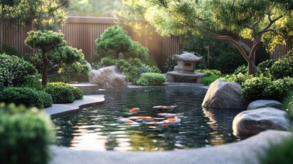 Naklejka premium Koi fish swim in serene Japanese garden pond.