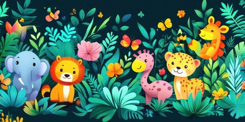 Fototapeta premium Jungle scene with colorful animals and flowers.