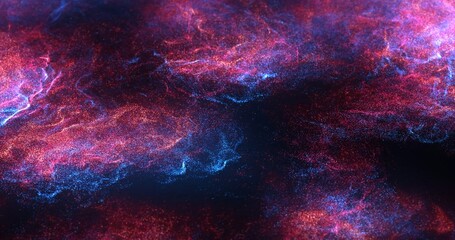 pink and blue glowing particles swirling across a dark background, resembling cosmic nebulae. The vibrant colors and fluid patterns create a mesmerizing, space-like effect