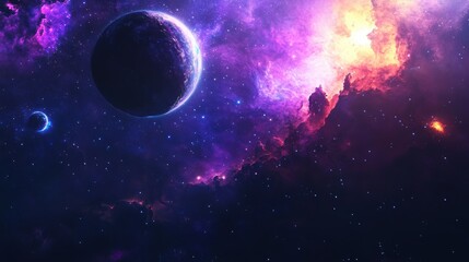 Obraz premium Cosmic scene with planets, stars, and nebulae.