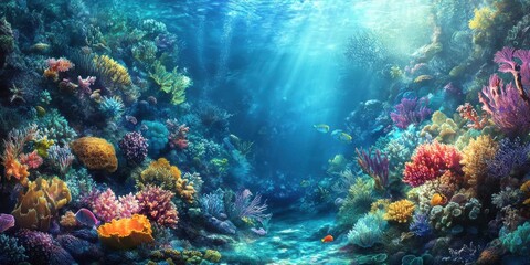 Naklejka premium Colorful coral reef with fish underwater.