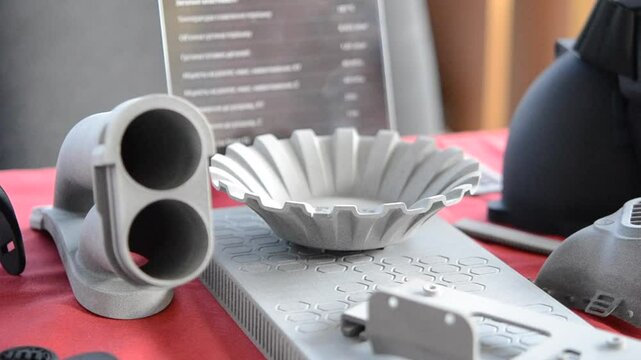 Various objects printed on a 3D printer from molten plastic powder. Different models printed on 3D printer from melted black polyamide powder. New additive 3D printing Multi Jet Fusion MJF technology
