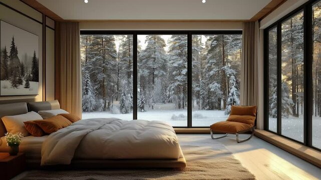 modern bedroom with beautiful snowy forest view, 4K winter background, endless looped animation
