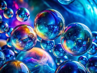 Assortment of Colorful Bubbles Drifting Freely in a Clear Blue Sky for Stunning Product Photography