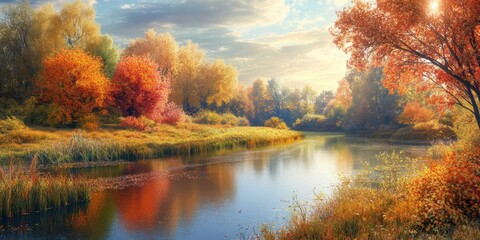 Autumn foliage reflecting in calm river.