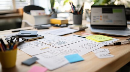 A creative workspace filled with design tools, showing a website layout project in progress with detailed wireframes and UI components