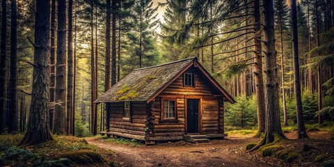 Mysterious cabin surrounded by trees