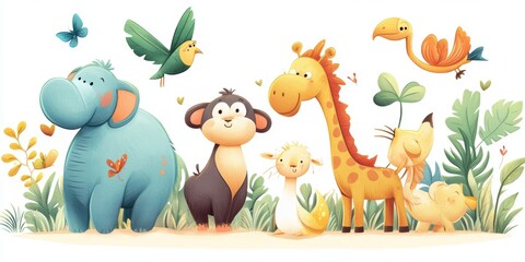 Naklejka premium Cute cartoon animals in a jungle setting.