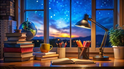 Back to School Night Photography with Books on Table for Educational Background Design