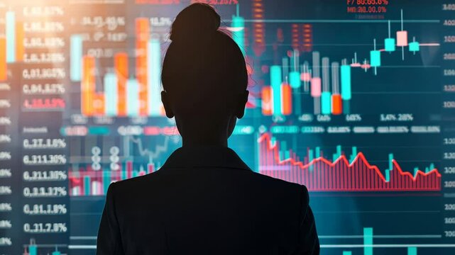 Silhouette of a business professional looking at financial data insights on a digital screen