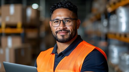 Obraz premium Confident male engineer standing with a laptop in a well organized and equipped industrial warehouse highlighting productivity efficiency and technology in a commercial setting