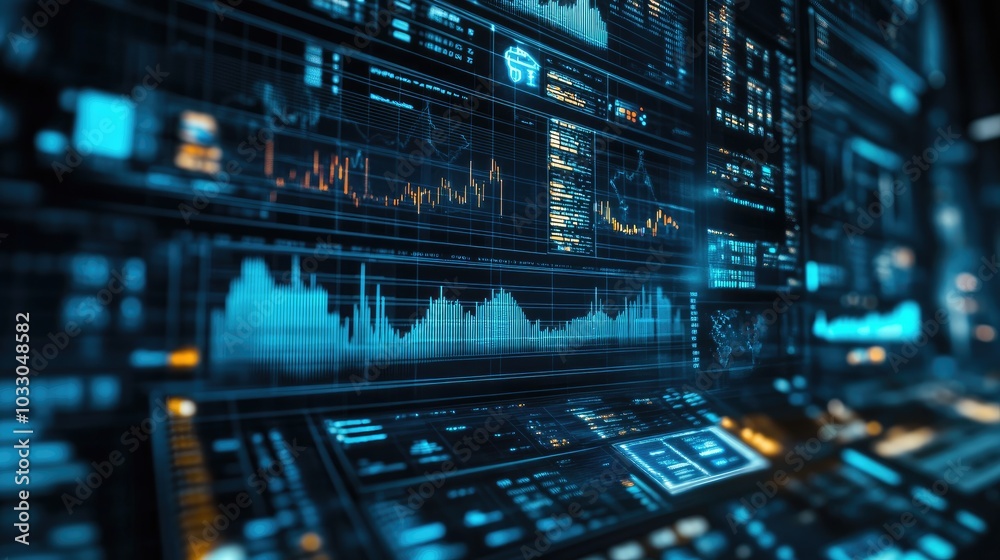 Poster futuristic digital data interface with charts and graphs